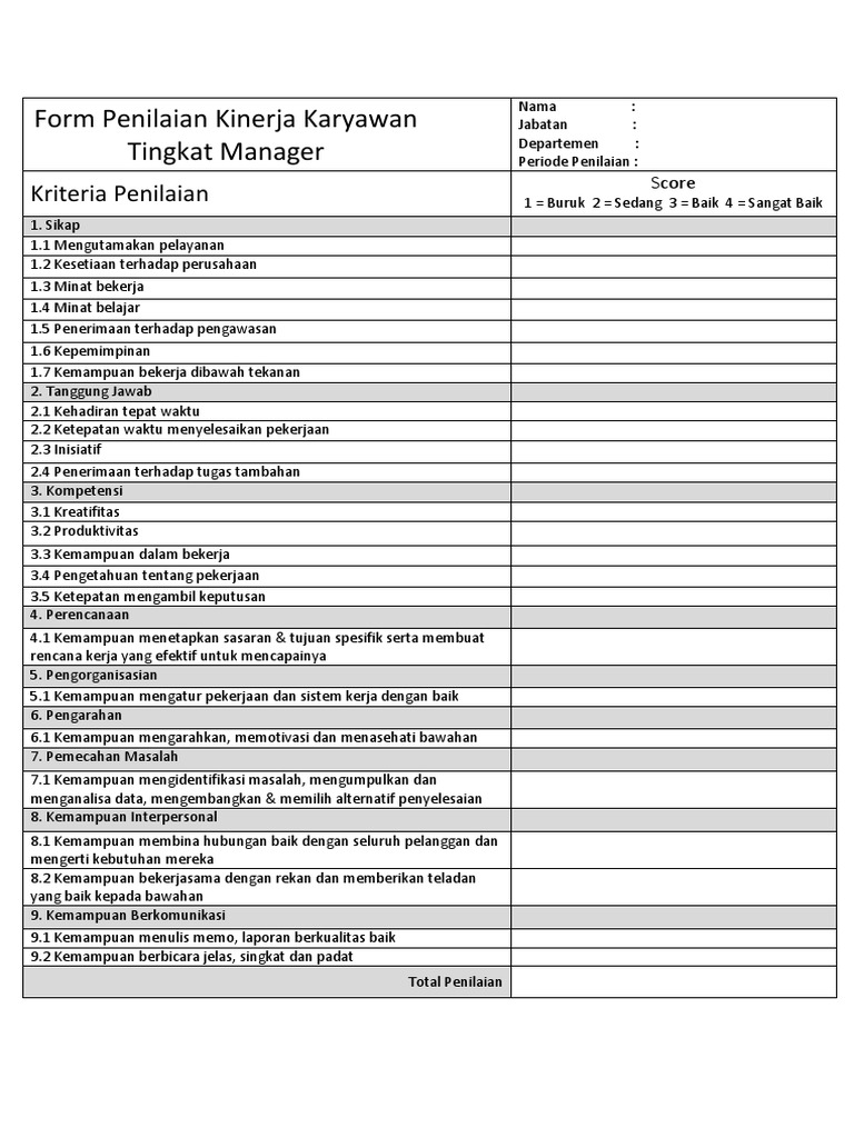 Form Penilaian Kinerja Karyawan Tingkat Manager