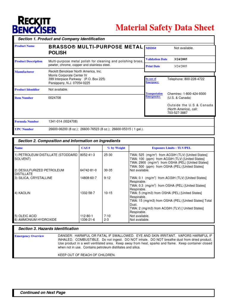 Brasso Polish MSDS Silicon Dioxide Flammability