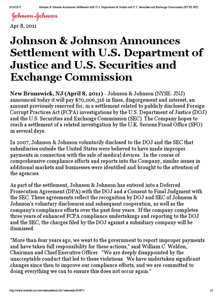 4811 Johnson & Johnson Press Release Announces Settlement With U.S