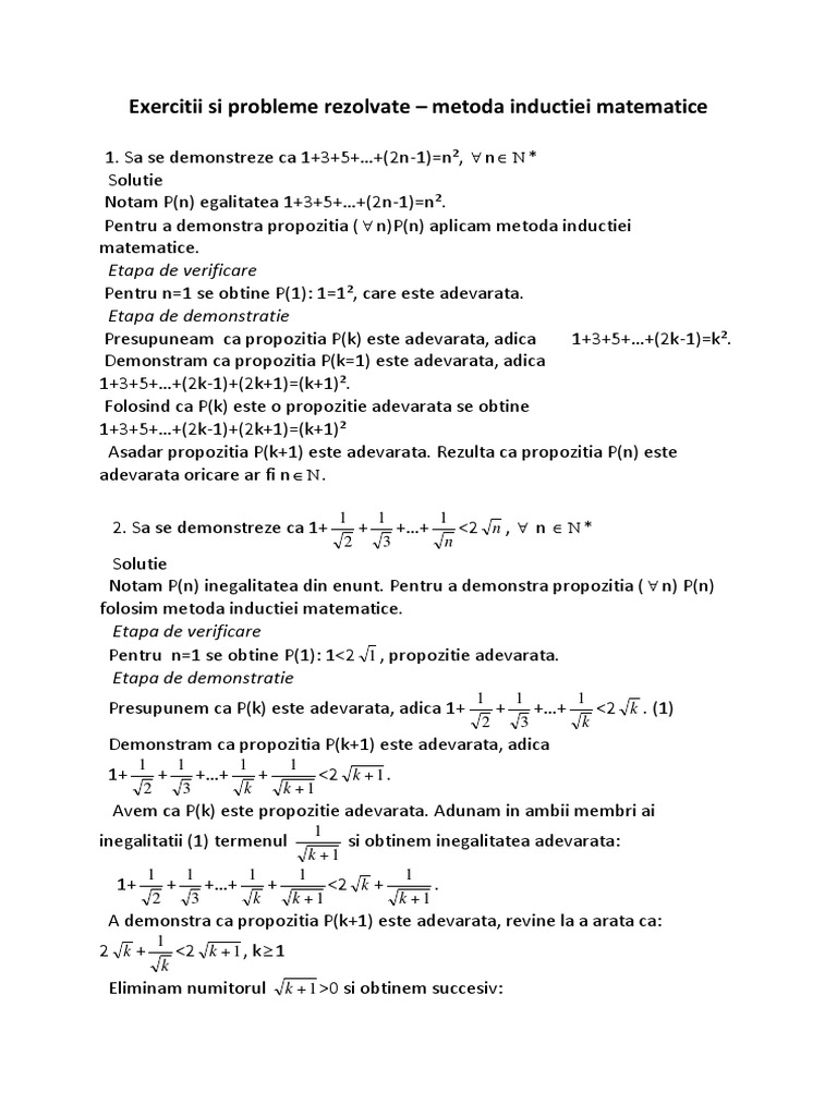 Exercitii Si Probleme Rezolvate-Metoda Inductiei Matematice PDF | PDF
