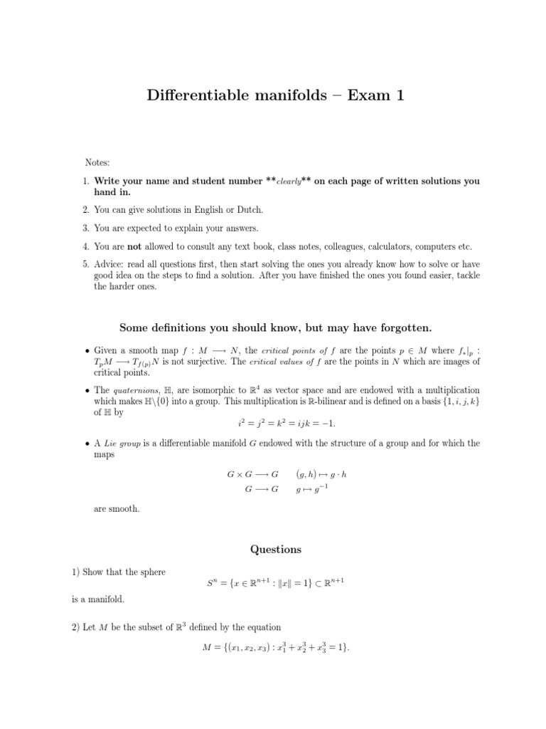 Differentiable Manifolds Exam 1 Guide | PDF | Differentiable Manifold ...