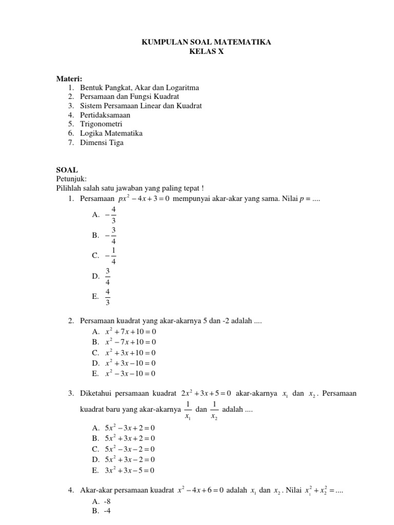Free Soal Kumpulan Soalmatematika Kelas X
