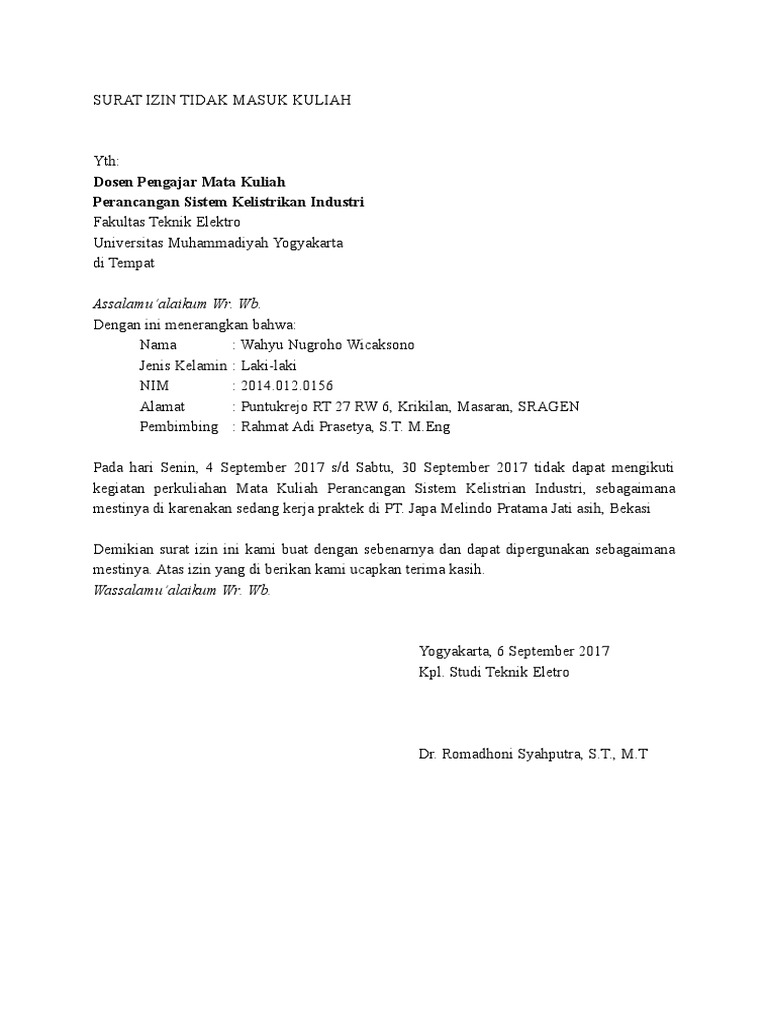 Surat Izin Tidak Masuk Kuliah | PDF