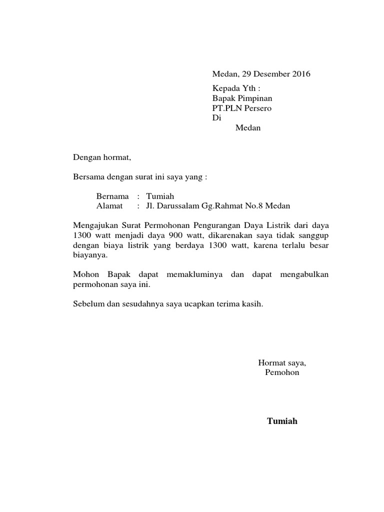 Surat Permohonan Pengurangan Daya Listrik