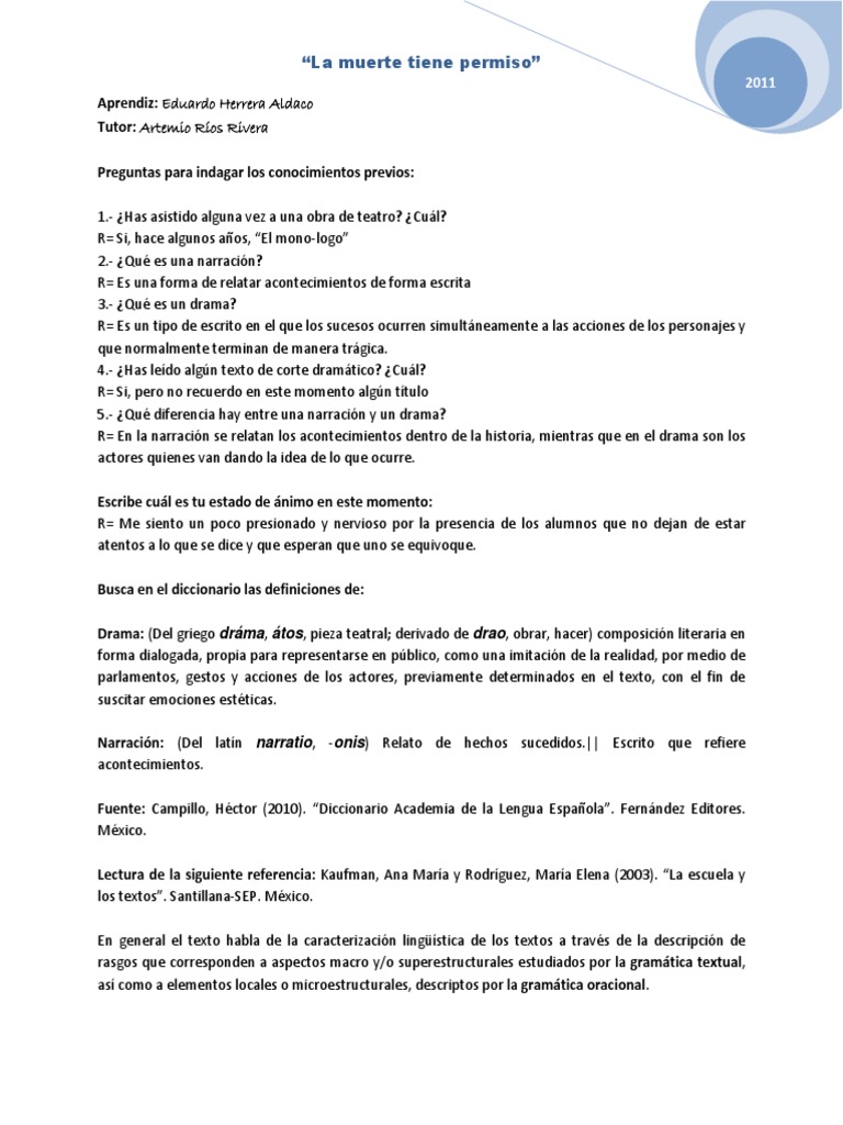 La Muerte Tiene Permiso PDF Narración Teatro