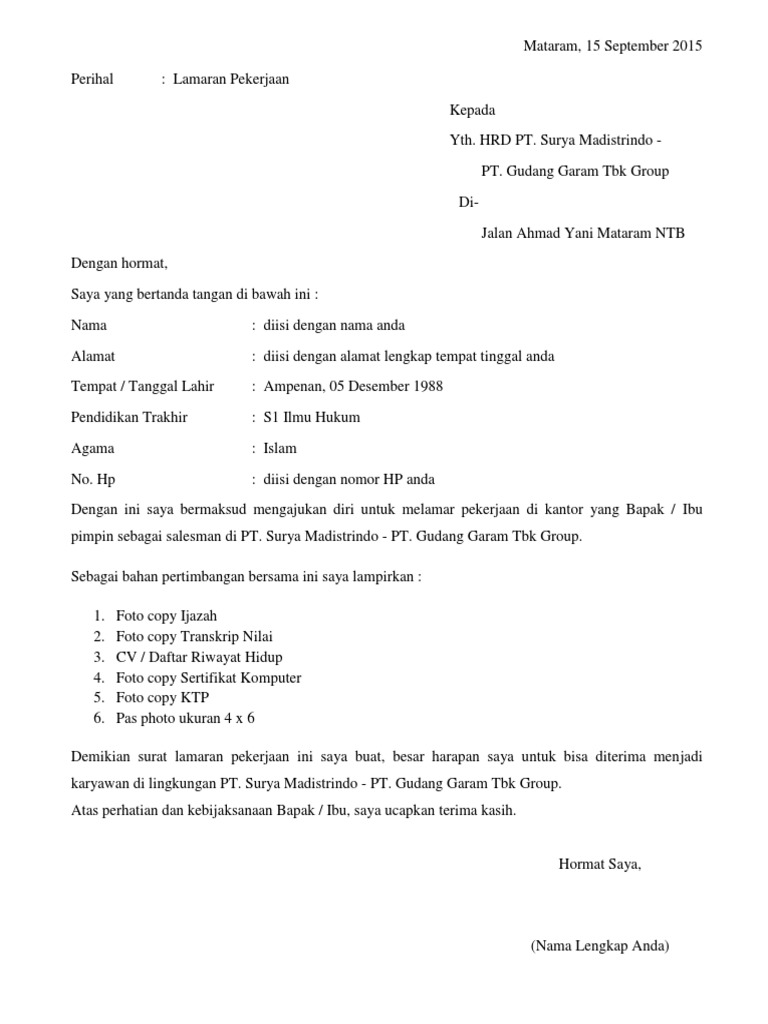 Contoh Surat Lamaran Pekerjaan
