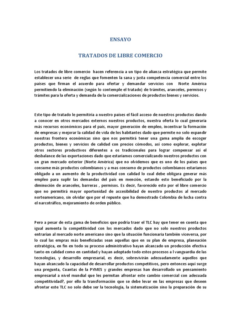 Ensayo Tratado de Libre Comercio | PDF | Libre comercio | Comercio