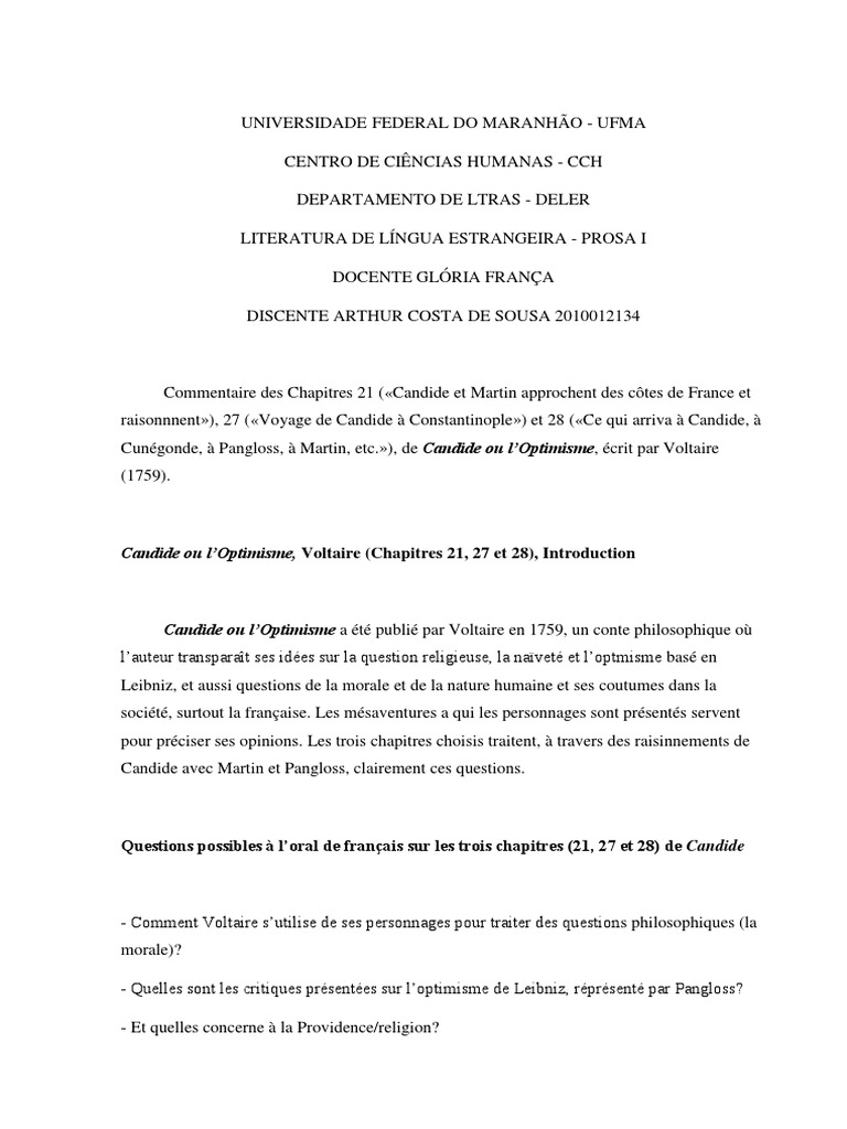 Commentaire Composé - Candide | Candide | Sciences