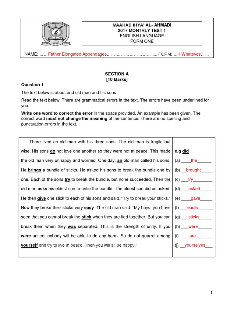 Monthly Test 1 English Form 1 Answer Pdf Coconut Trees