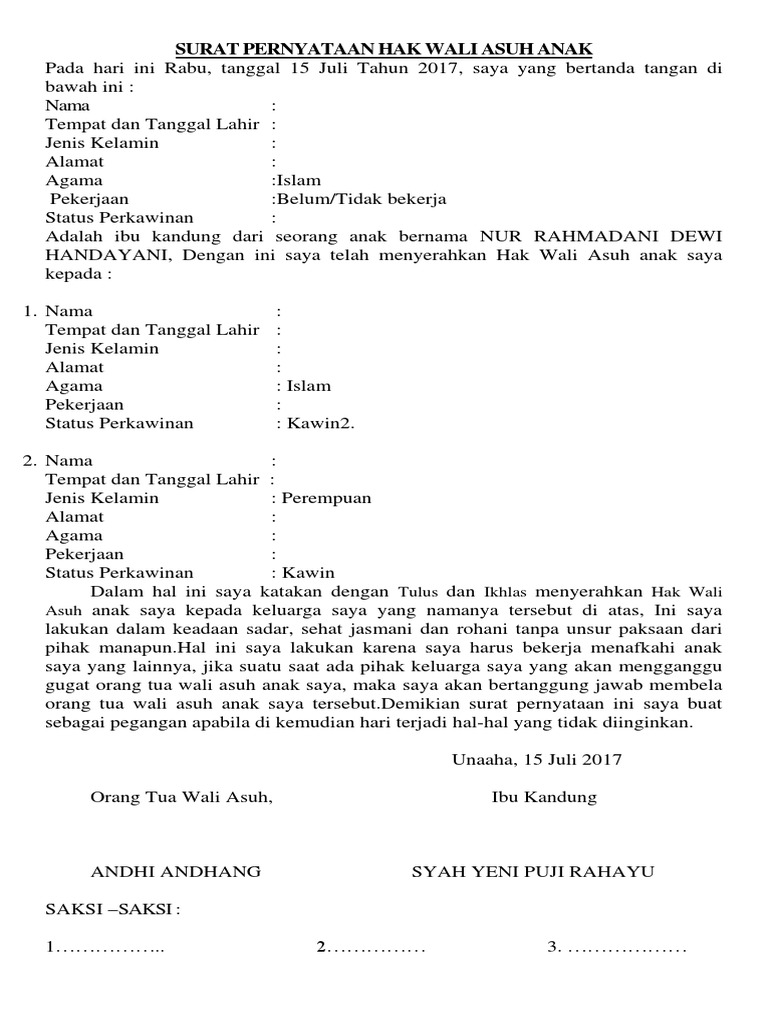 Surat Pernyataan Hak Wali Asuh Anak Inilah pembahasan lengkap terkait contoh surat pernyataan hak asuh anak ikut ibu.