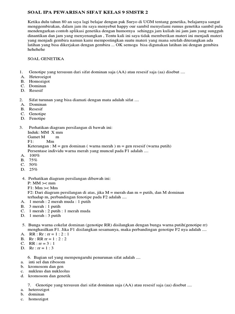 Soal Ipa Pewarisan Sifat Kelas 9 Smstr 2 Docx