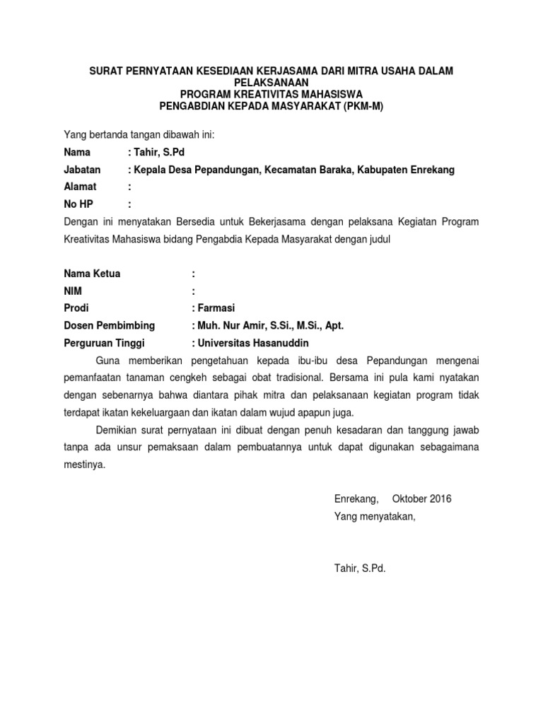 Surat Pernyataan Kesediaan Kerjasama Dari Mitra Usaha Dalam Pelaksanaan