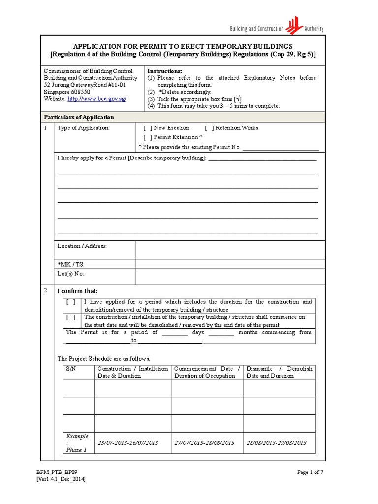 Application For Permit To Erect Temporary Buildings (Regulation 4 of The Building Control