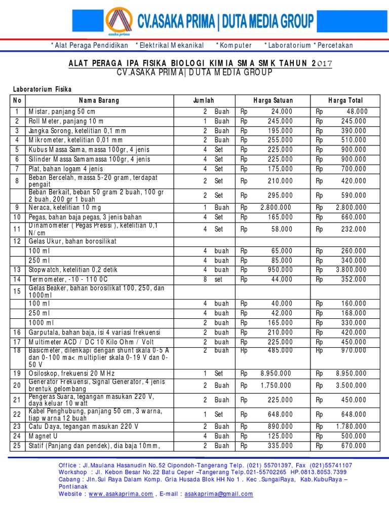 Harga Alat Peraga Laboratorium Ipa Fisika Kimia Biologi Sma Smk Tahun 2017 2
