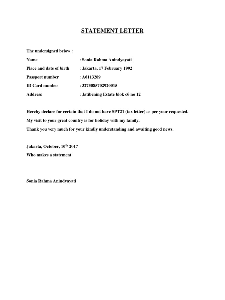Statement Letter Surat Pernyataan Spt Visa Korea