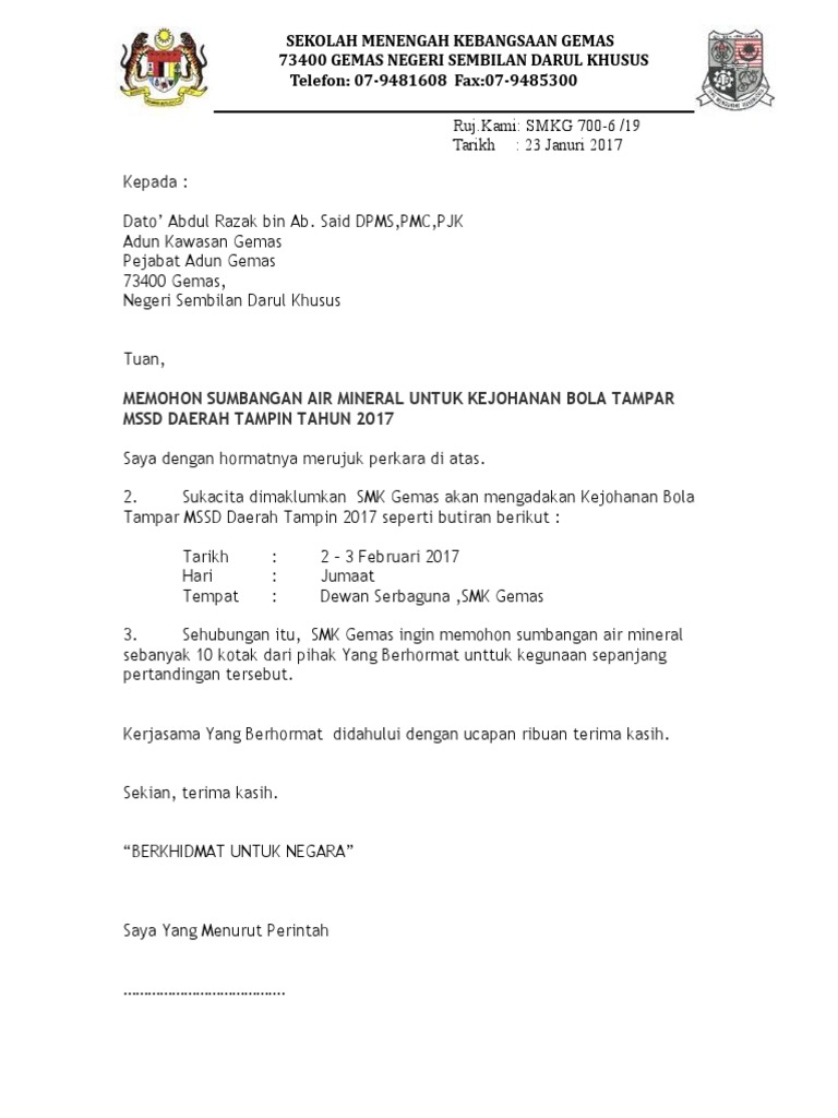 Contoh Surat Mohon Sumbangan Air Mineral