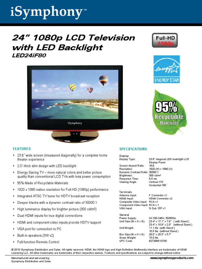 ISymphony LED24IF80 DS PDF Hdmi Television
