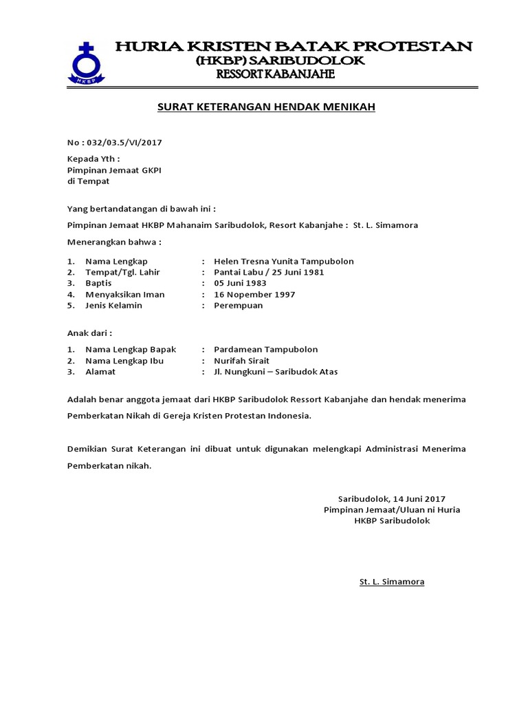 SURAT KETERANGAN Hendak Menikah HKBP | PDF