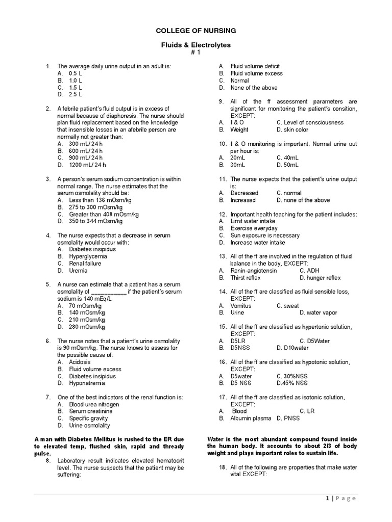 Fluid &amp; Electrolyte Quiz 1 | Electrolyte | Solution