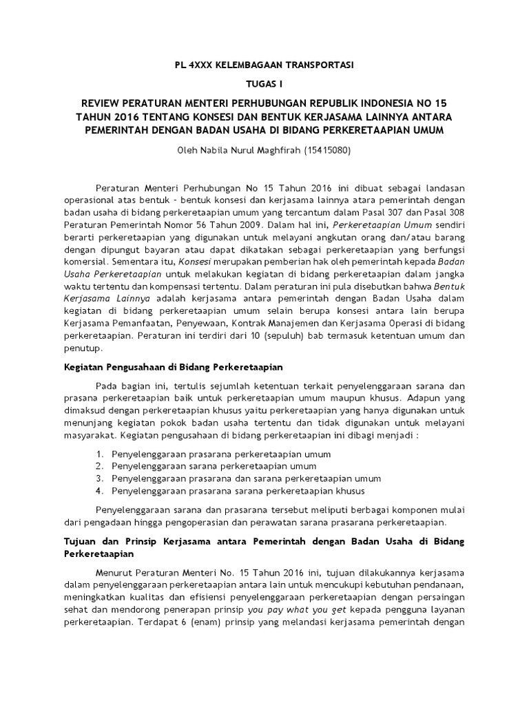 Resume Peraturan Menteri Perhubungan No 15 Tahun 2016
