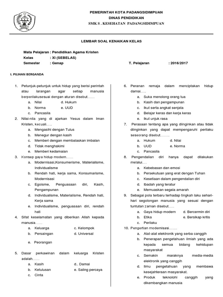 Soal Mid Semester Ganjil Agama Kristen 9 Bab 1