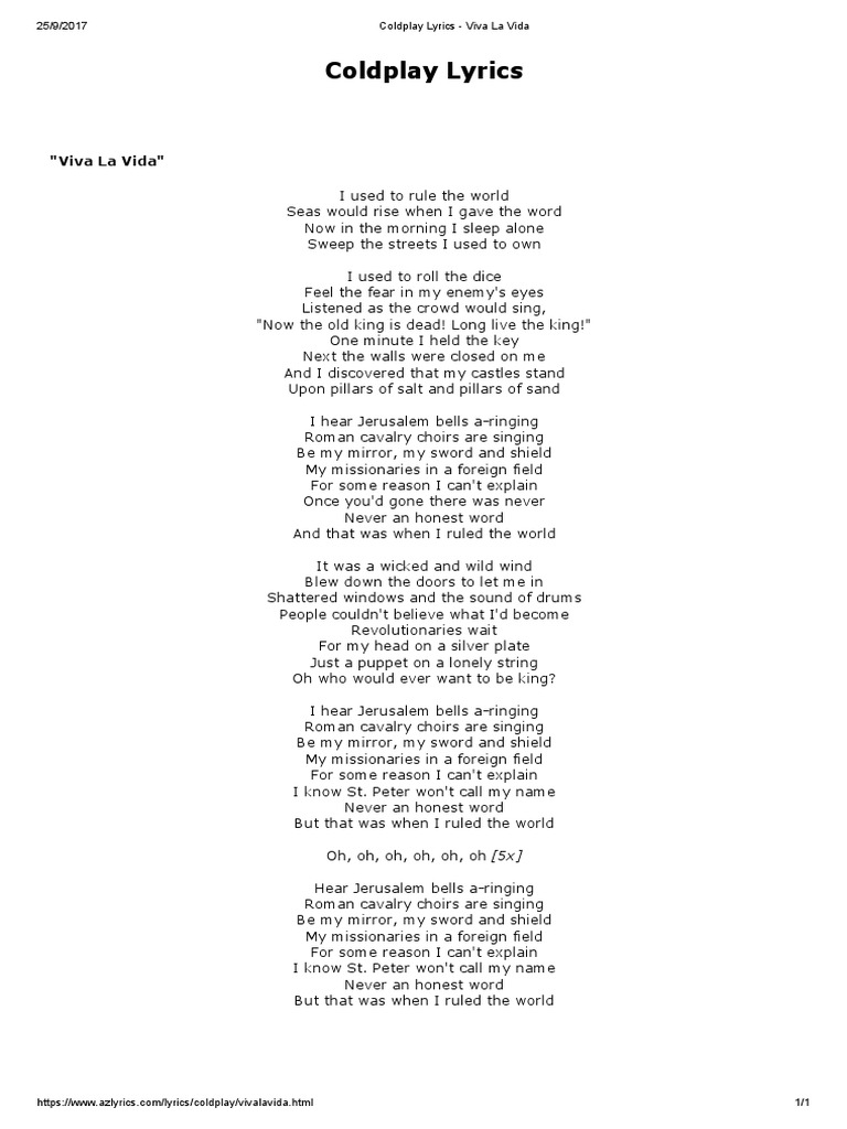 Coldplay Lyrics - Viva La Vida | Entertainment (General)