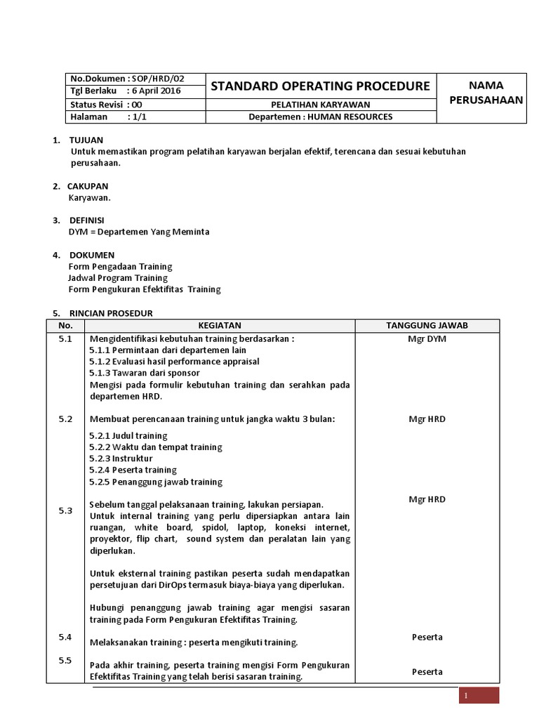 Sop Pelatihan Karyawan