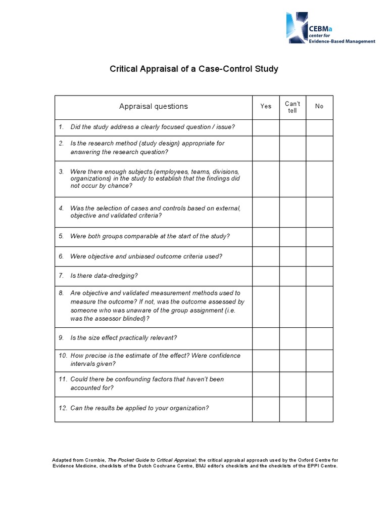 Critical Appraisal of Case-Control Studies | PDF | Evidence Based ...