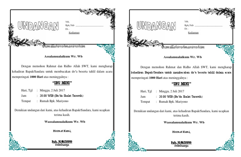 Undangan Yasin Tahlil 40 Hari