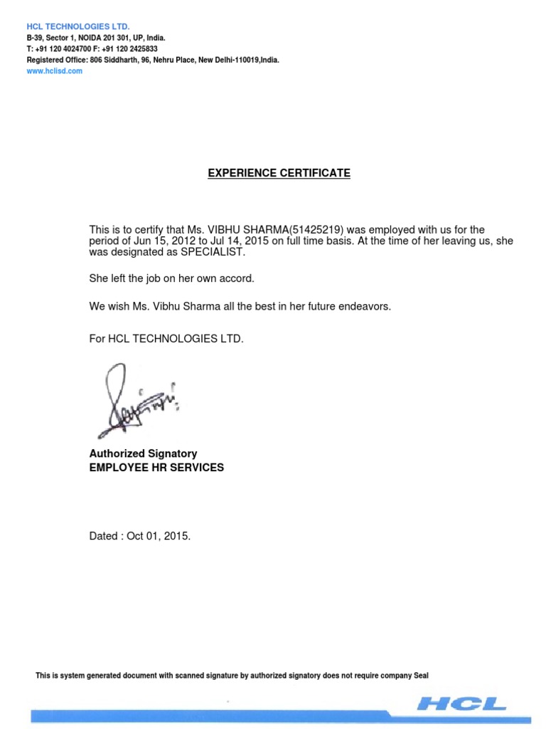 HCL Experience Certificate for Vibhu Sharma | PDF | Business