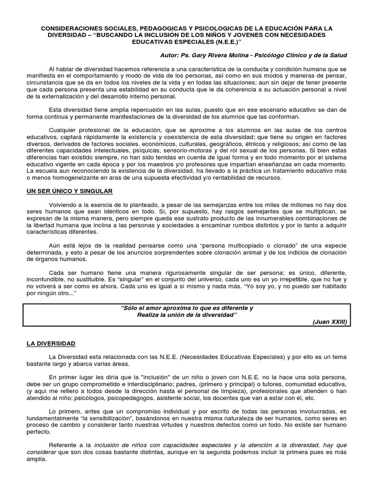 Inclusión Educativa y Diversidad N.E.E. | PDF | Plan de estudios ...