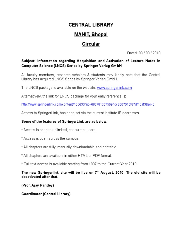 Central Library MANIT, Bhopal Circular | PDF