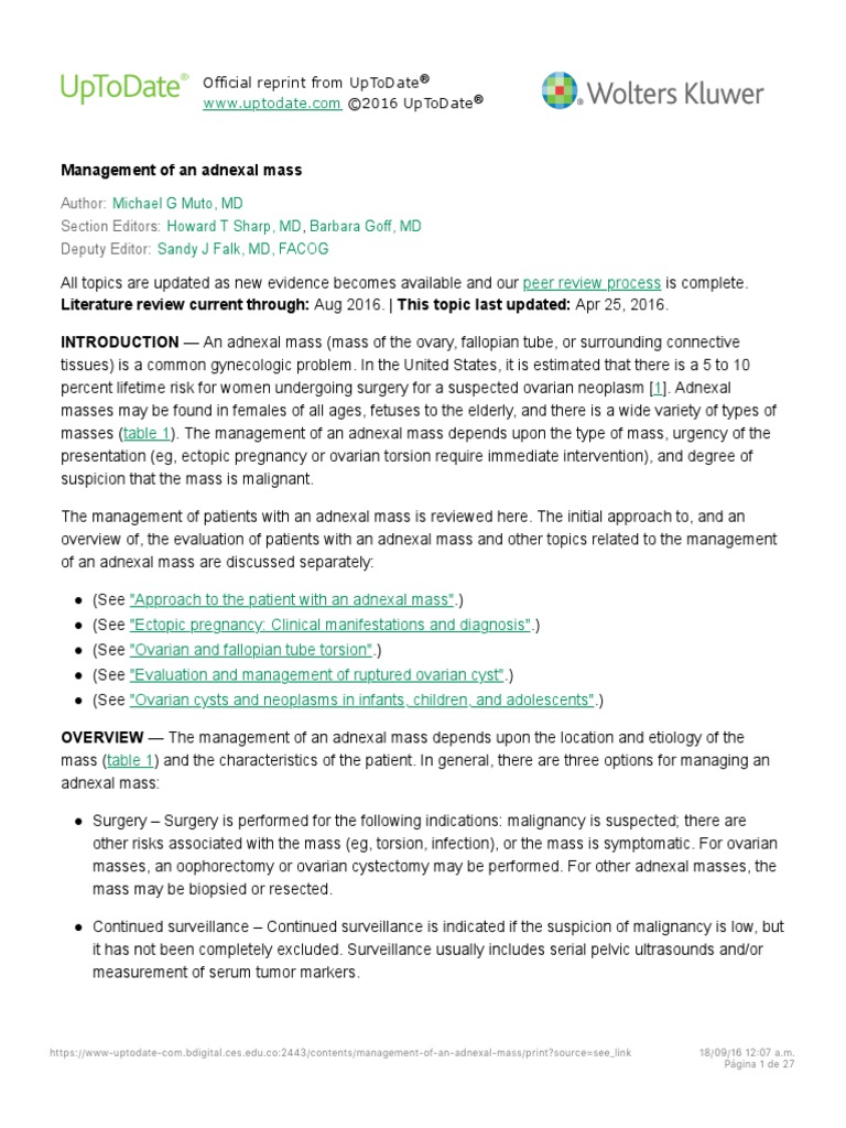 Management of An Adnexal Mass UpToDate, PDF, Ovarian Cancer