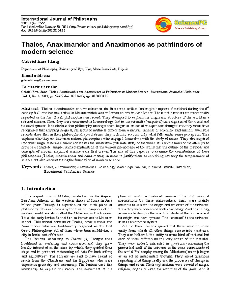Thales Anaximander And Anaximenes As Pathfinders Of Modern Science