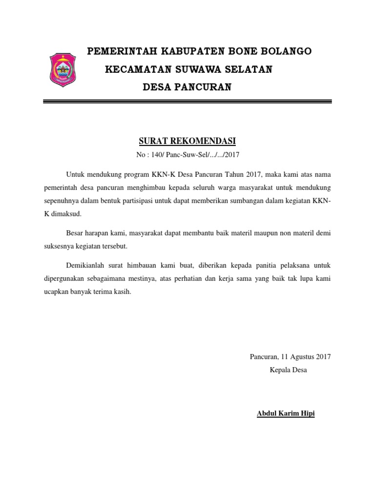 Contoh Surat Rekomendasi