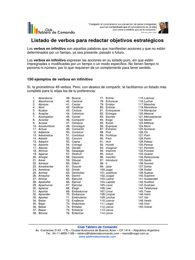 Lista de Verbos en Infinitivo para Objetivos | PDF | Verbo ...