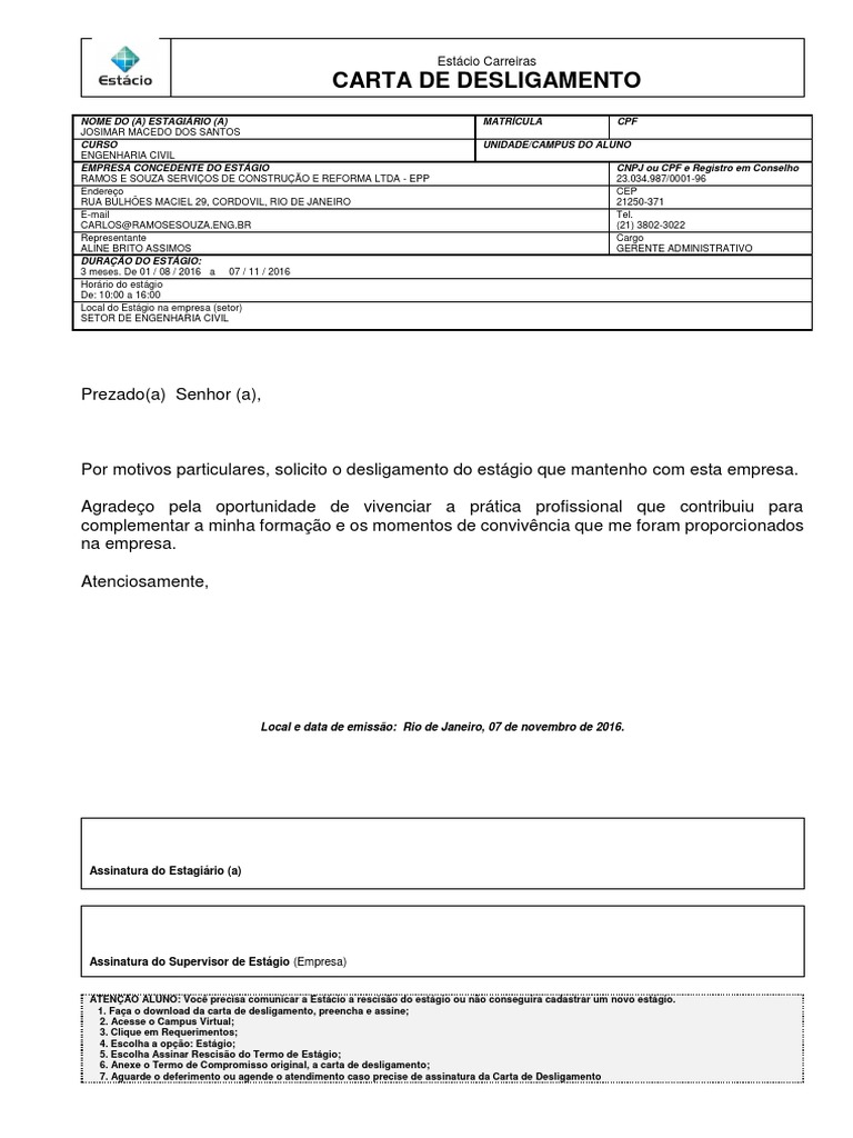 Carta De Desligamento De Estagio Estacio De Sá Pdf Engenharia Science