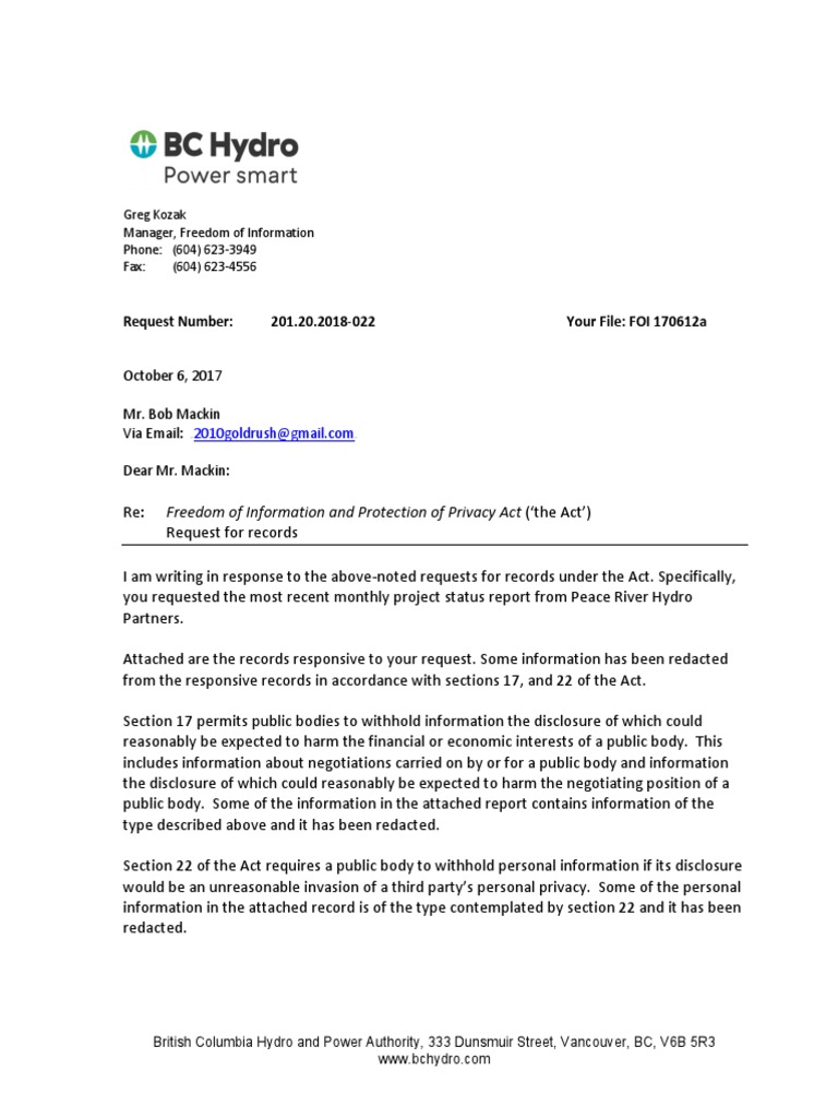 2018-022 - Final Response (Sent 06 Oct 2017) | PDF | Privacy ...