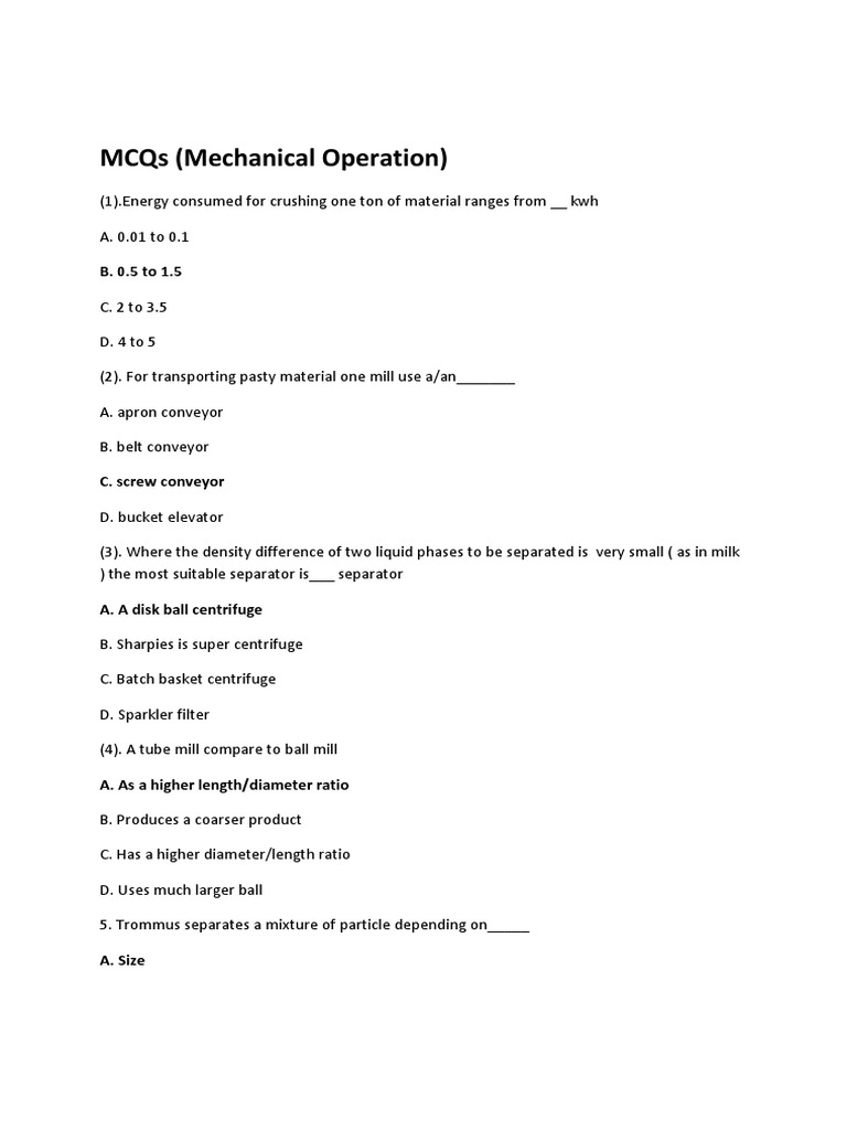 Mechanical Operations MCQs for Students | PDF | Mill (Grinding ...
