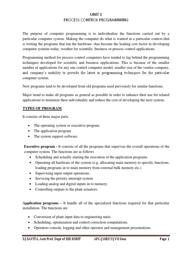 Unit 1 Process Control Programming Types of Program PDF Computer