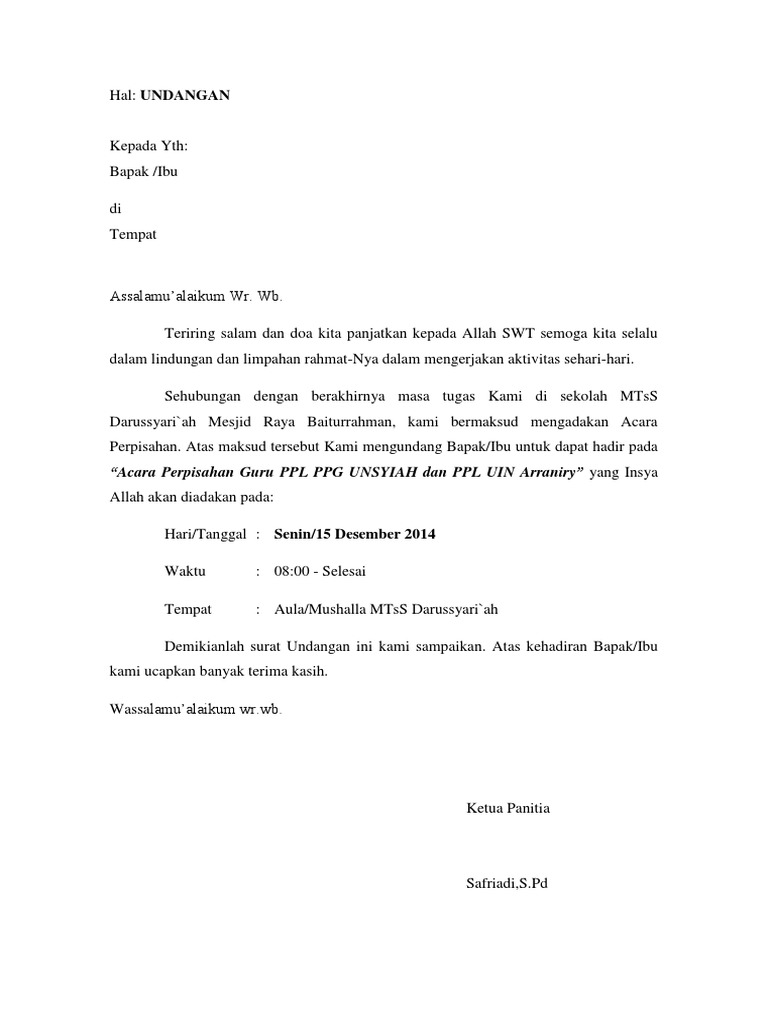 Surat Undangan Untuk Perpisahan Ppl Untuk Dewan Guru