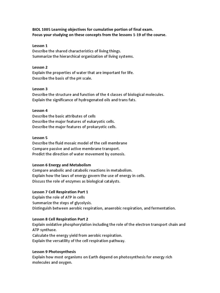 BIOL 1005 Final Exam Study Guide | PDF | Cellular Respiration | Gene