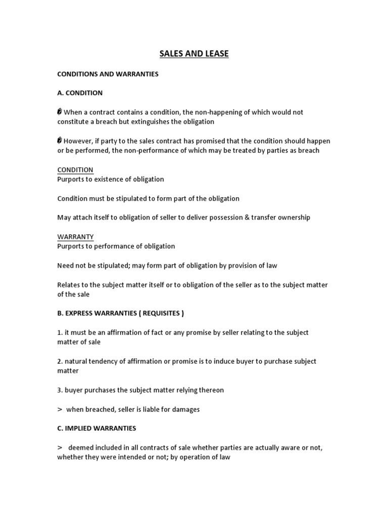 Conditions and Warranties Reviewer PDF Contract Law Law Of