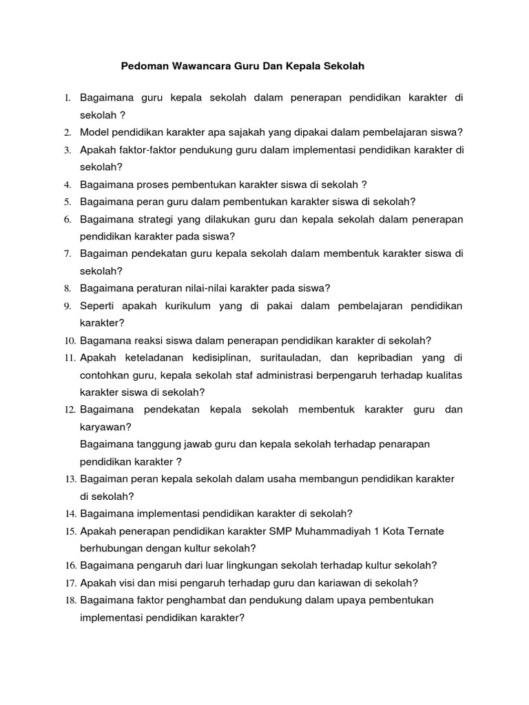Pedoman Wawancara Guru Dan Kepala Sekolah