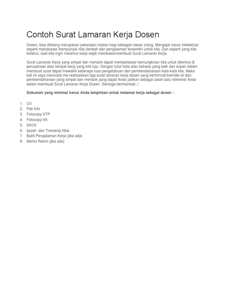 Contoh Surat Lamaran Kerja Dosen