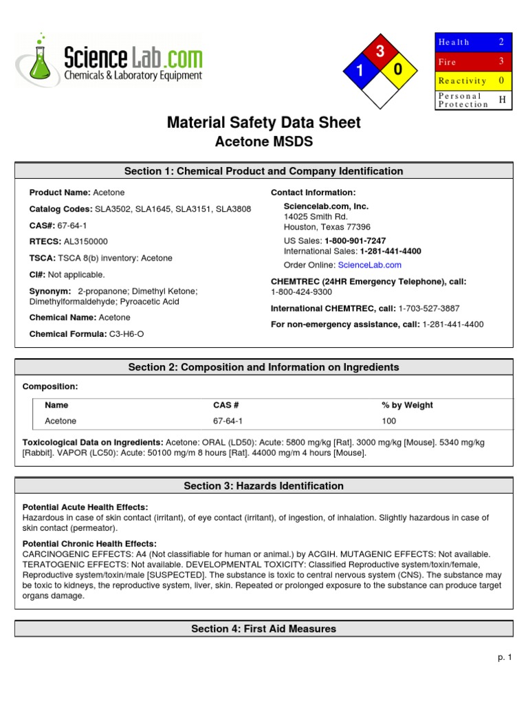 MSDS Acetone Toxicity Dangerous Goods