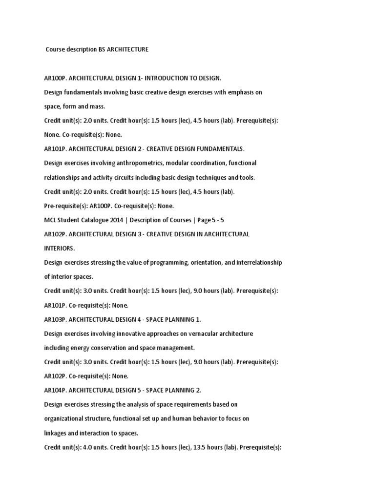 Course Description BS ARCHITECTURE Urban Planning Design