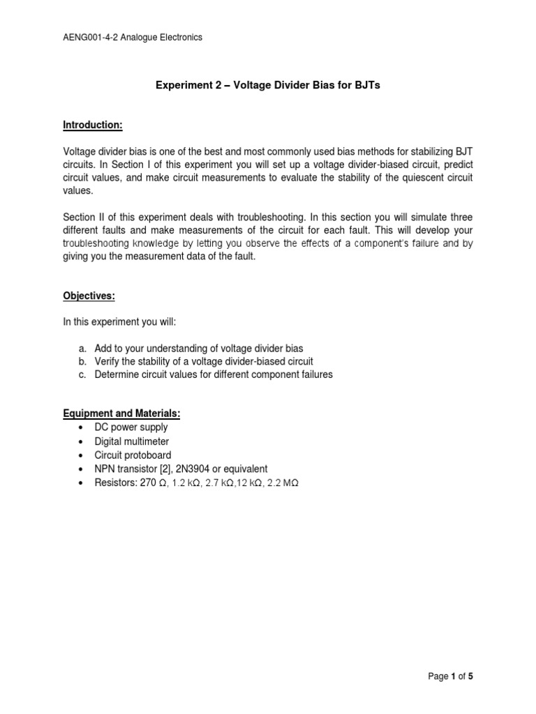 Voltage Divider Bias Experiment for BJTs | PDF | Bipolar Junction ...
