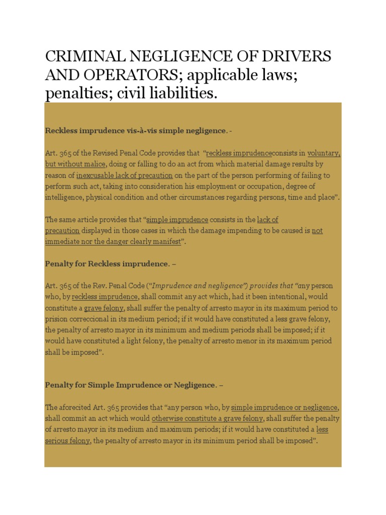 Reckless Imprudennce Damage To Property PDF Felony Negligence