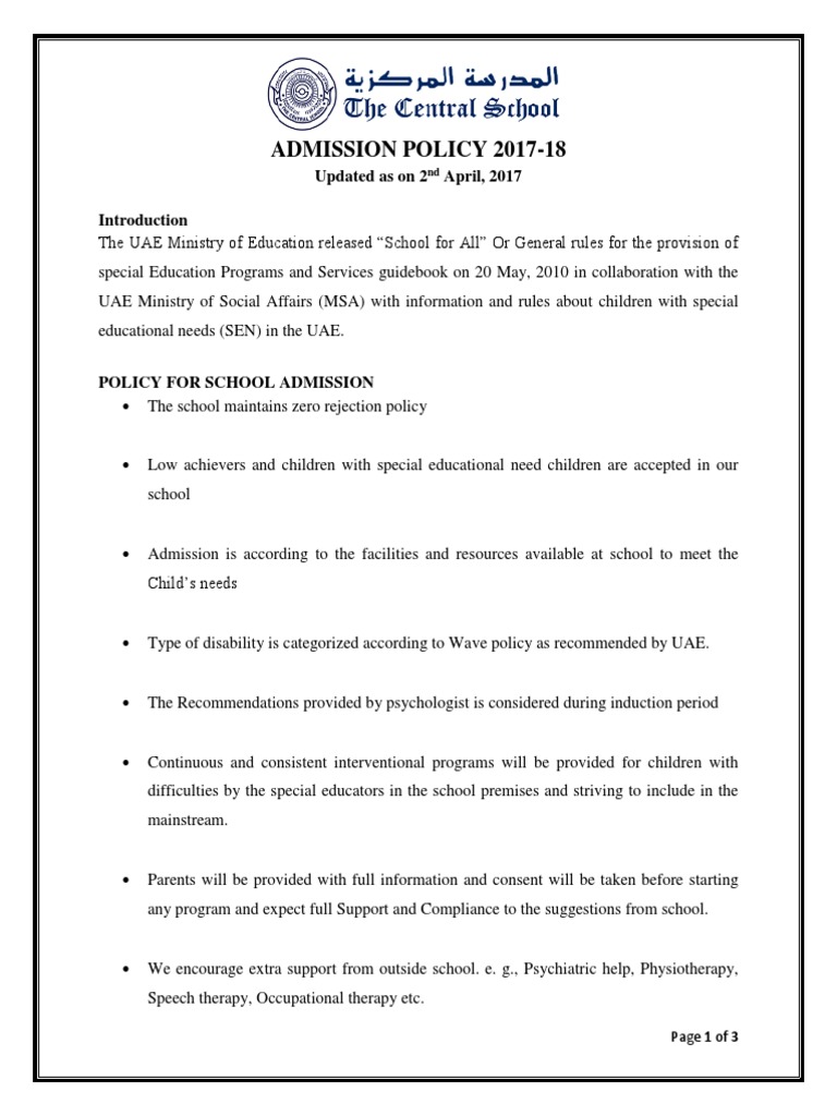 UAE School Admission Policy 2017-18 | PDF | Special Education ...